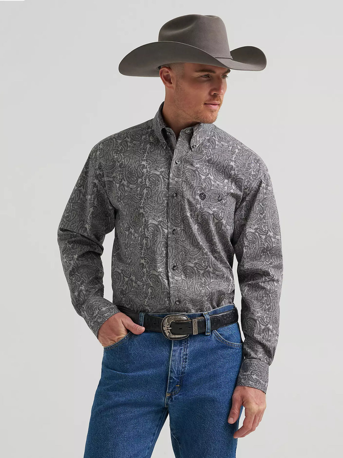 Wrangler George Strait Long Sleeve Button Down One Pocket Shirt Heritage Ash