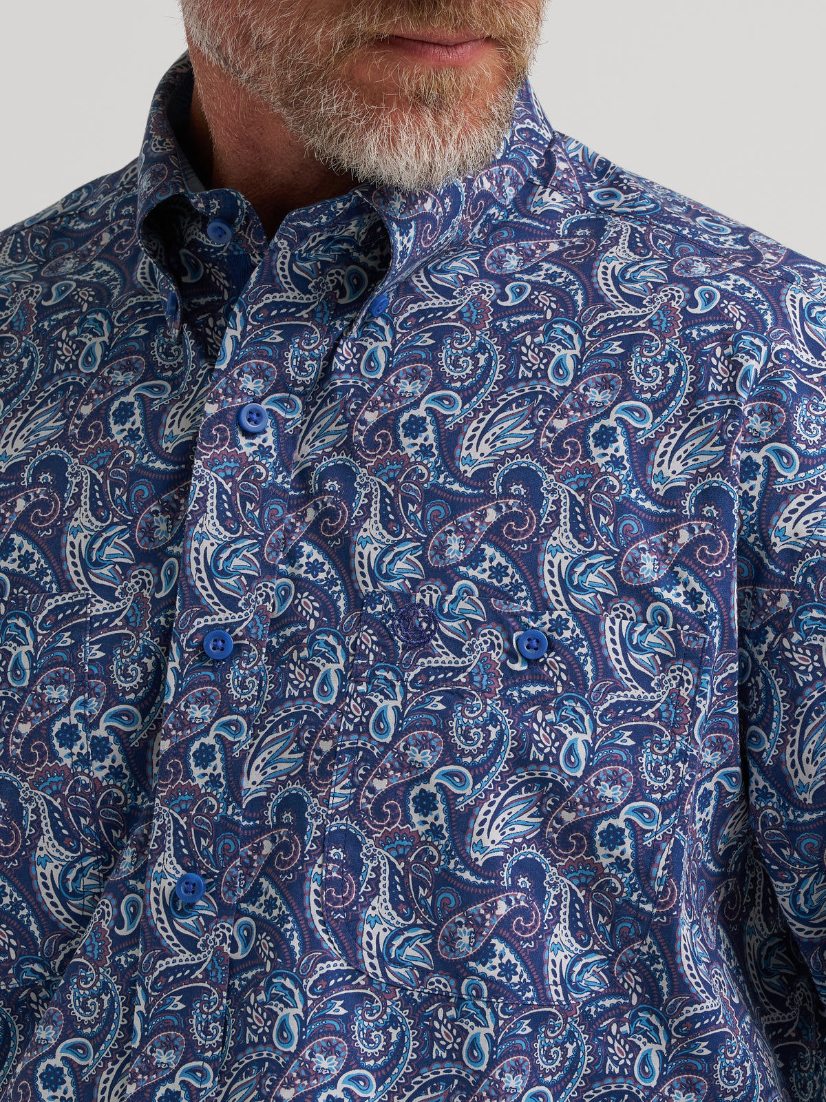 Wrangler George Strait Collection Two Pocket Long Sleeve Shirt Stretch Blue Multi