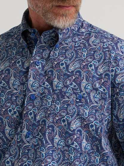 Wrangler George Strait Collection Two Pocket Long Sleeve Shirt Stretch Blue Multi