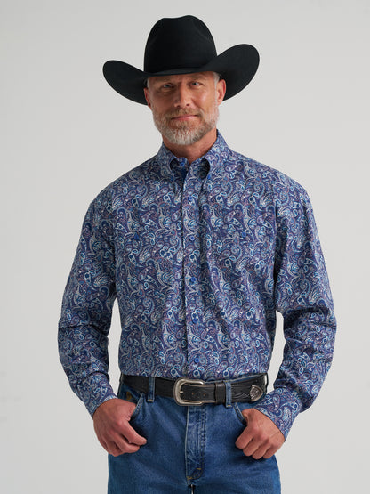 Wrangler George Strait Collection Two Pocket Long Sleeve Shirt Stretch Blue Multi