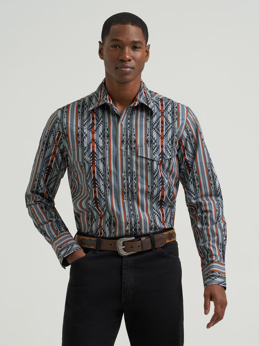 Wrangler Checotah Dress Western Long Sleeve Shirt Classic Fit Grey/Orange