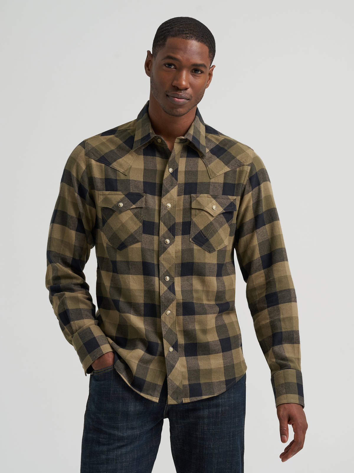 Wrangler Retro Flannel Long Sleeve Shirt Snap Green Plaid
