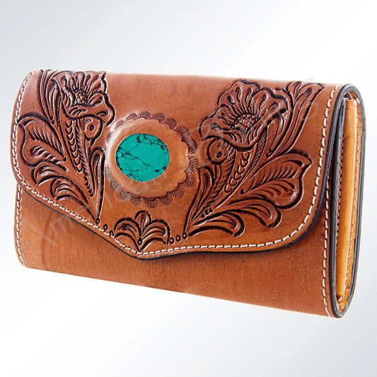 American Darling Tooled Leather Western Wallet - Turquoise Stone Inlay