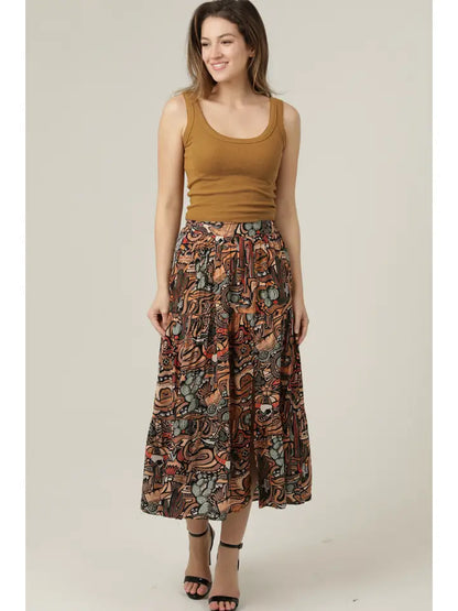 Angie Side Slit Cactus Print Midi Skirt