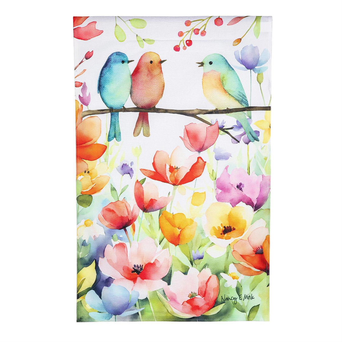 Evergreen Bird Talk Burlap House Flag