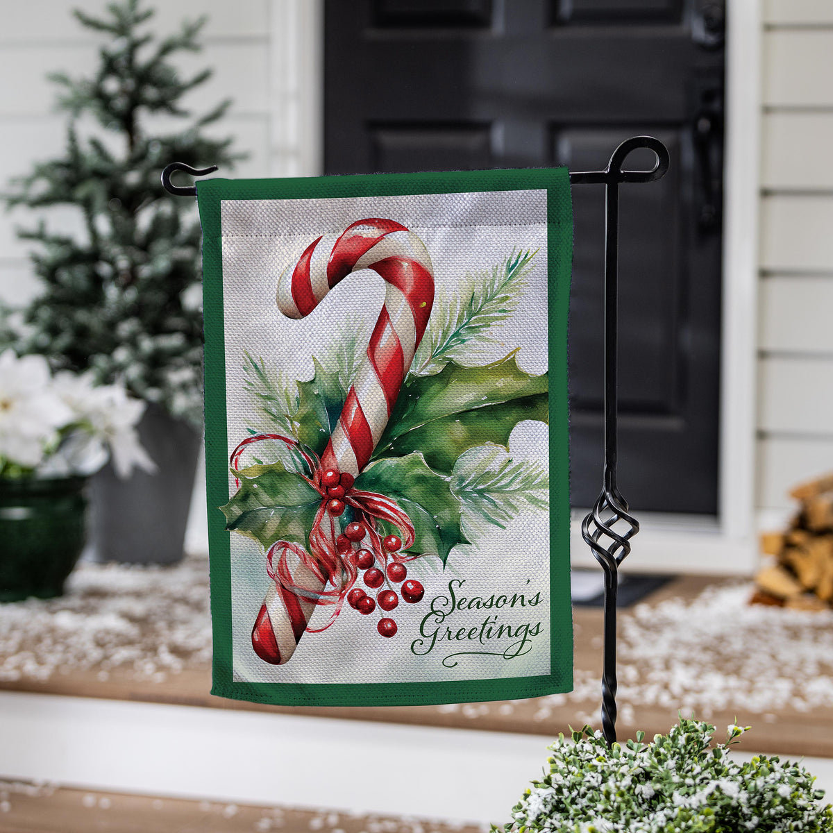 Evergreen Season's Greetings Candy Cane Burlap Garden Flag