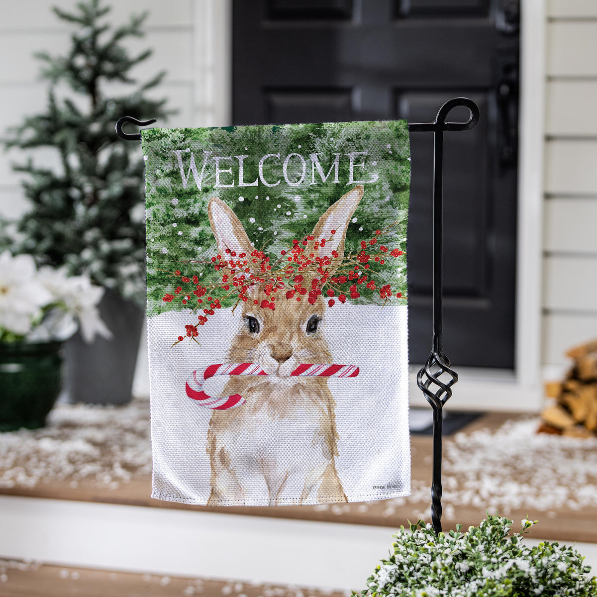 Evergreen Candy Cane Rabbit Burlap Garden Flag