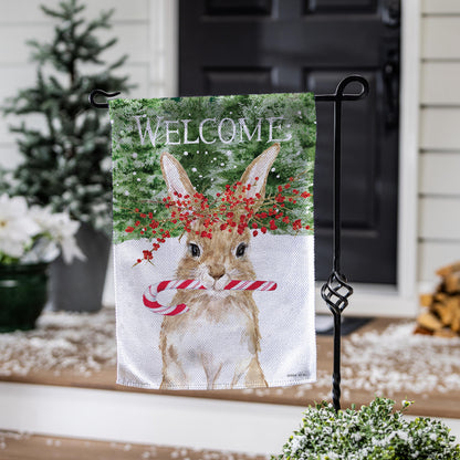 Evergreen Candy Cane Rabbit Burlap Garden Flag