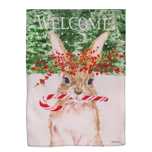 Evergreen Candy Cane Rabbit Burlap Garden Flag