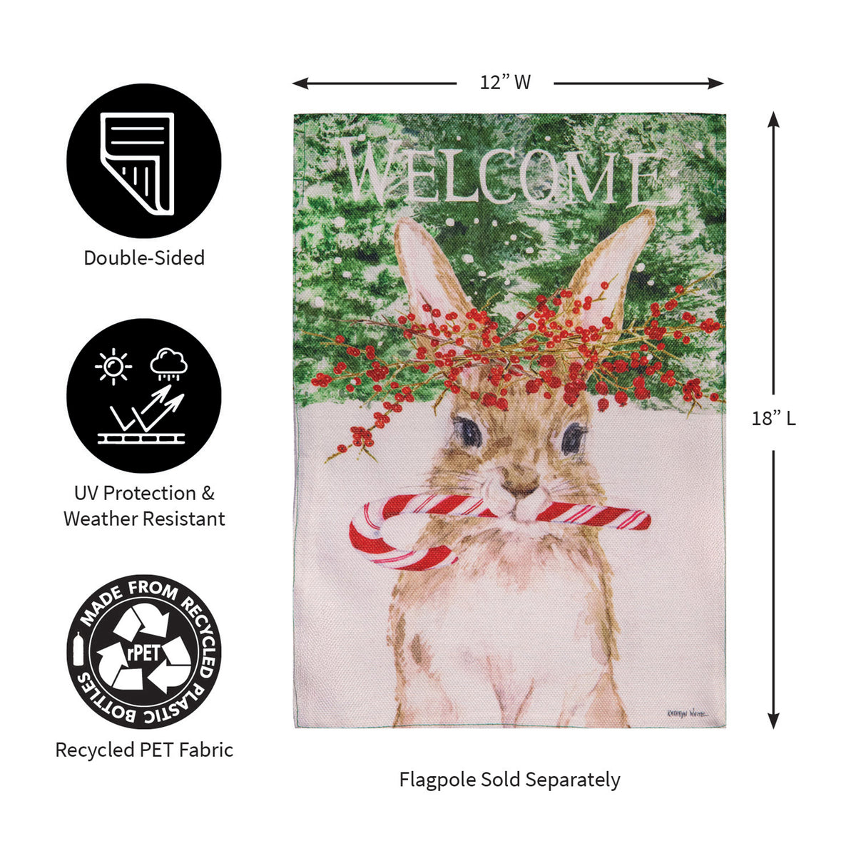 Evergreen Candy Cane Rabbit Burlap Garden Flag