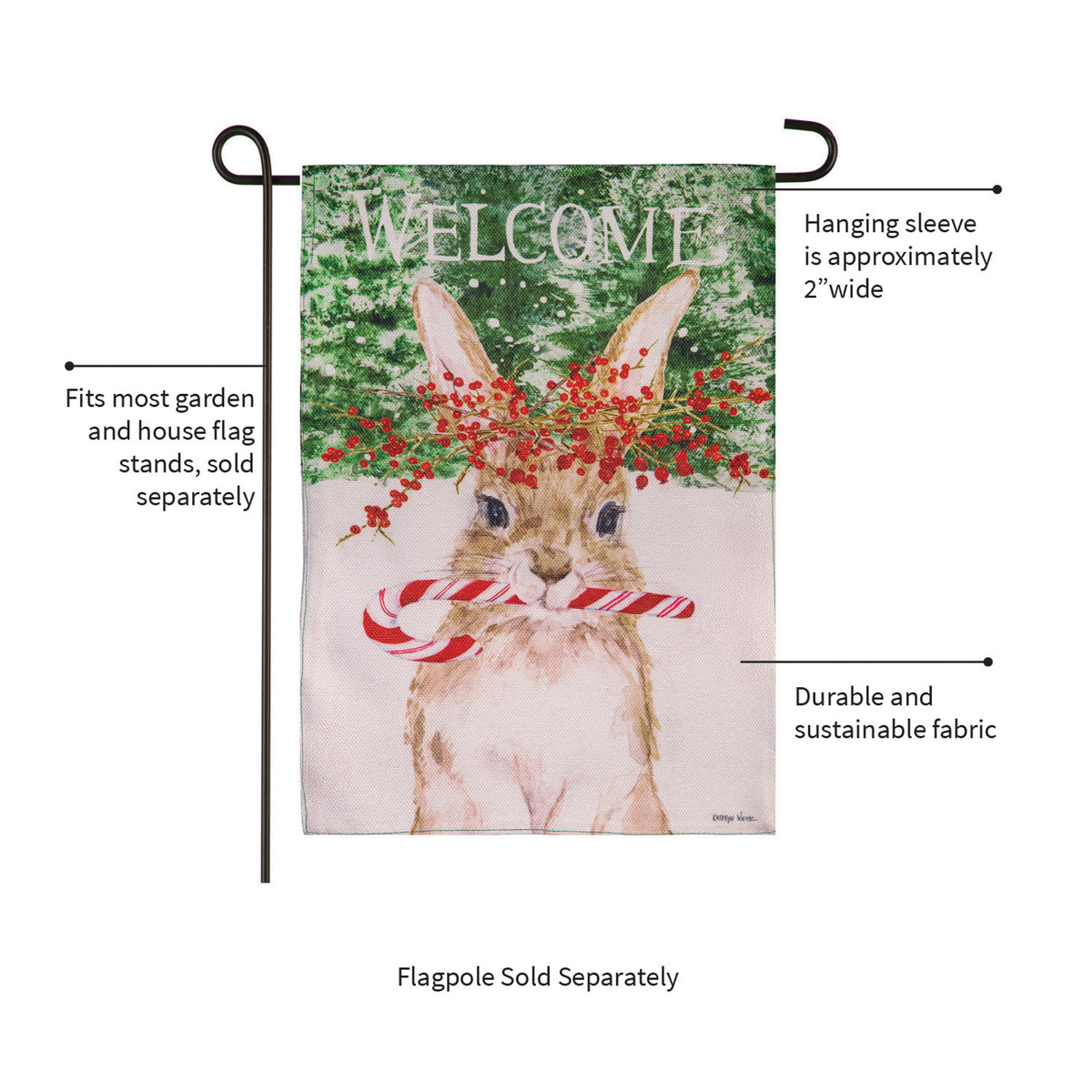 Evergreen Candy Cane Rabbit Burlap Garden Flag