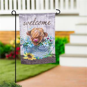 Evergreen Relaxing Highland Cow Moire Garden Flag