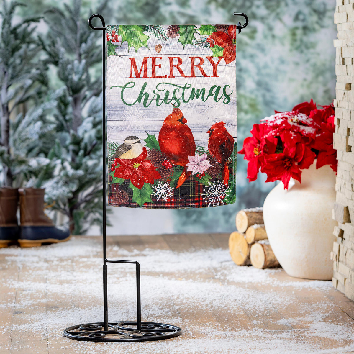 Evergreen Merry Christmas Colorful Birds Moire Flag