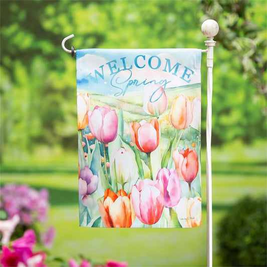 Evergreen Tulip Fields Suede Garden Flag