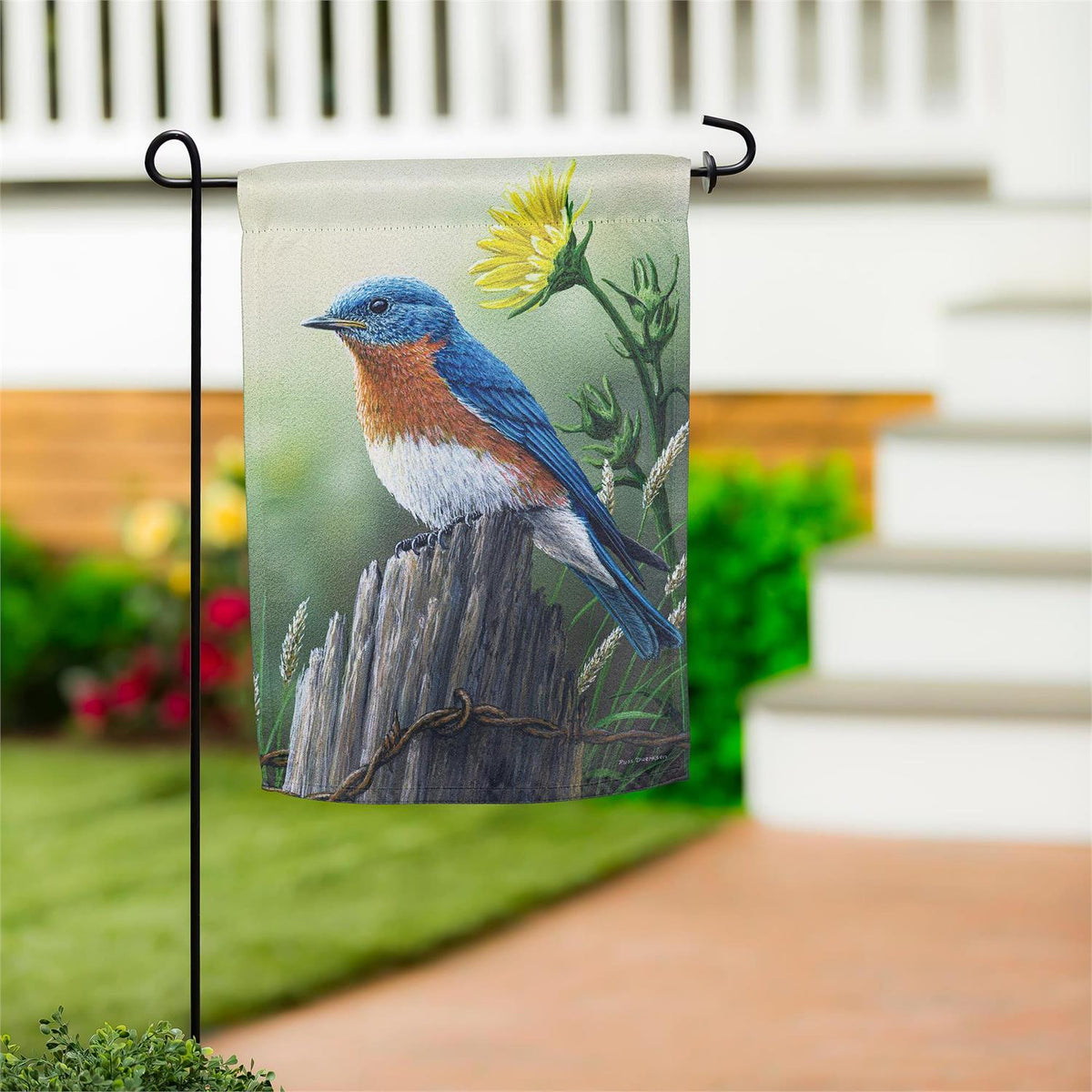 Evergreen Eastern Bluebird Suede Garden Flag