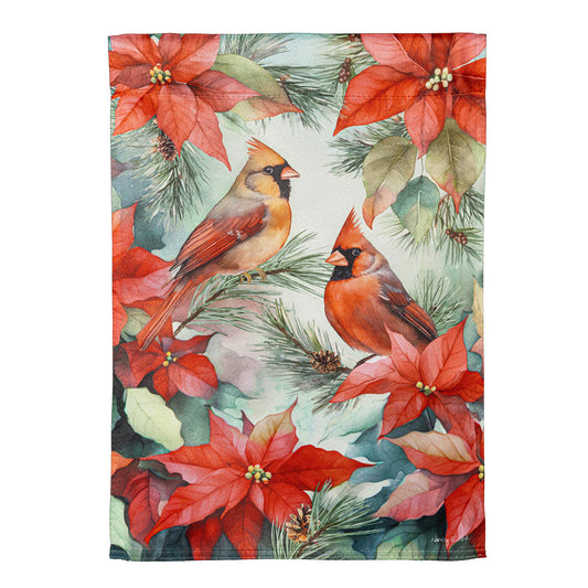 Evergreen Cardinals In Winter Suede Garden Flag