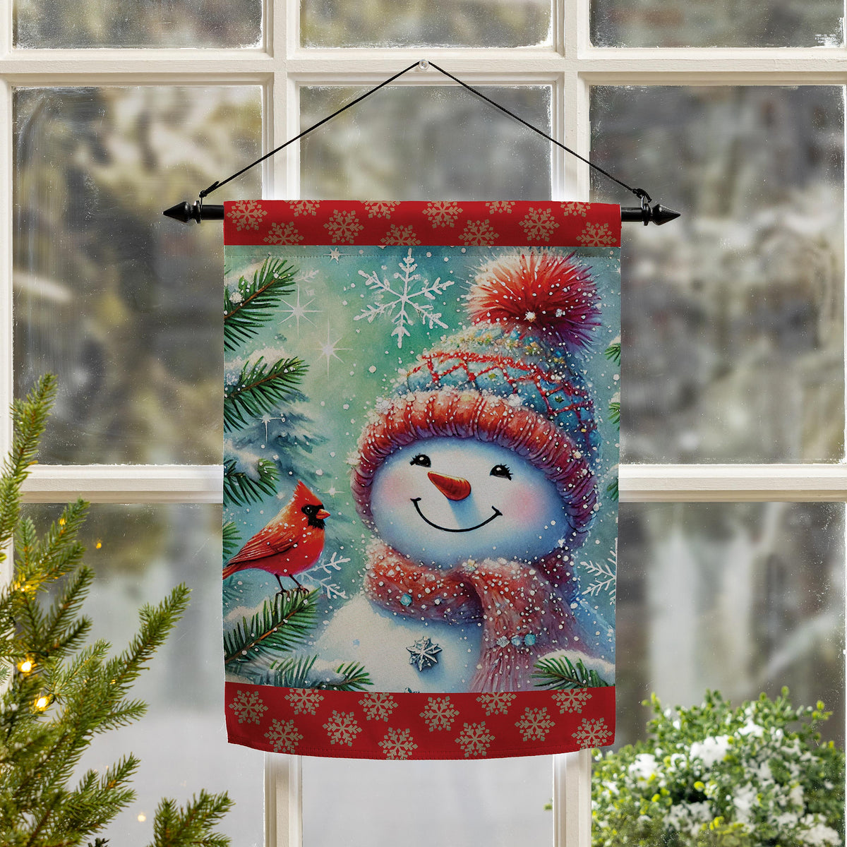 Evergreen Snowman With Cardinal Friend Suede Garden Flag