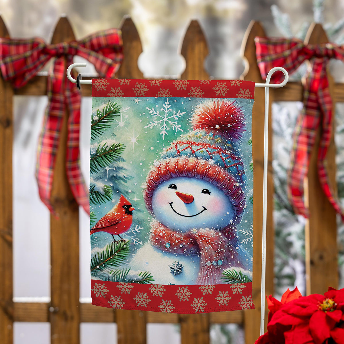 Evergreen Snowman With Cardinal Friend Suede Garden Flag