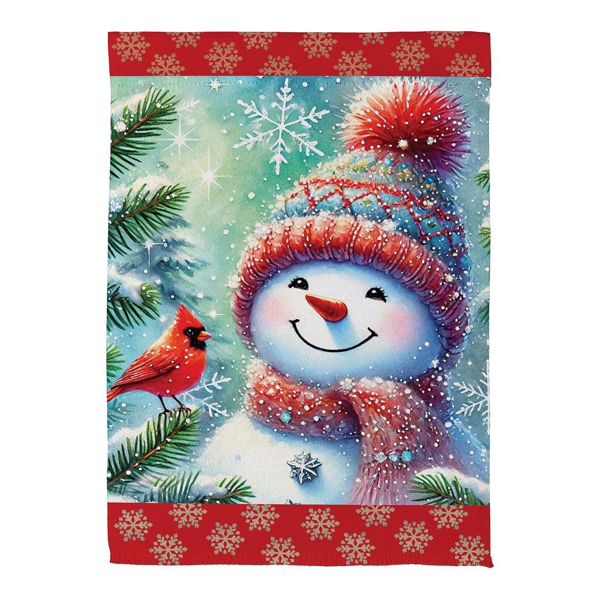 Evergreen Snowman With Cardinal Friend Suede Garden Flag