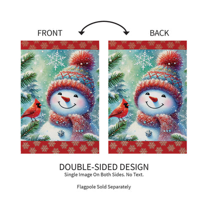 Evergreen Snowman With Cardinal Friend Suede Garden Flag