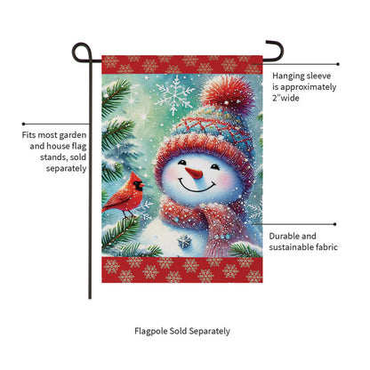 Evergreen Snowman With Cardinal Friend Suede Garden Flag
