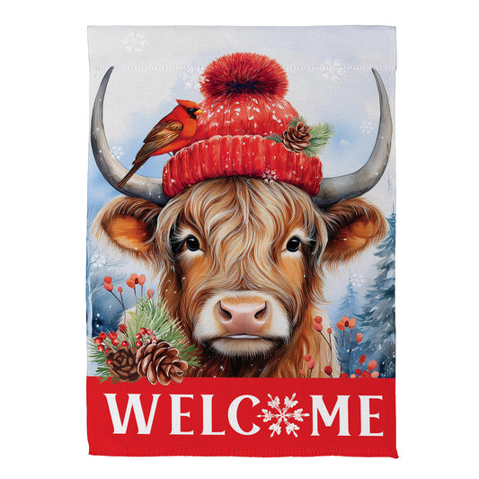 Evergreen Bundled Up Highland Cow Suede Garden Flag