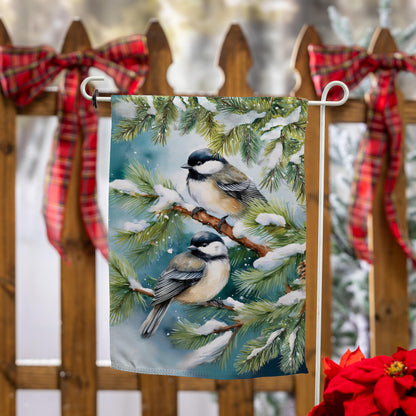 Evergreen Winter Chickadee Friends Suede Garden Flag