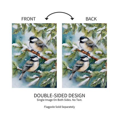 Evergreen Winter Chickadee Friends Suede Garden Flag