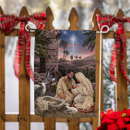 Evergreen Brilliant Nativity Suede Garden Flag