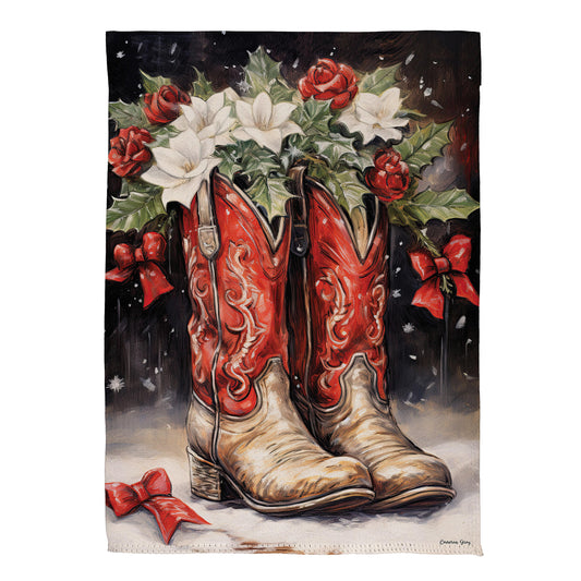 Evergreen Red Christmas Cowboy Boots Suede Garden Flag
