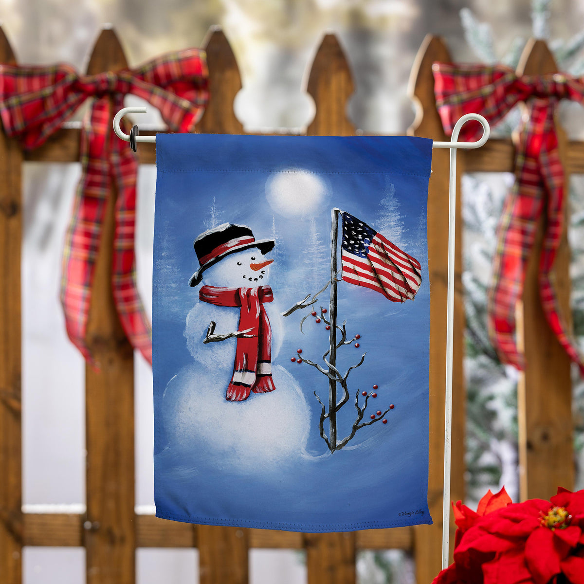 Evergreen Patriotic Snowman Suede Garden Flag