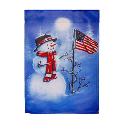 Evergreen Patriotic Snowman Suede Garden Flag