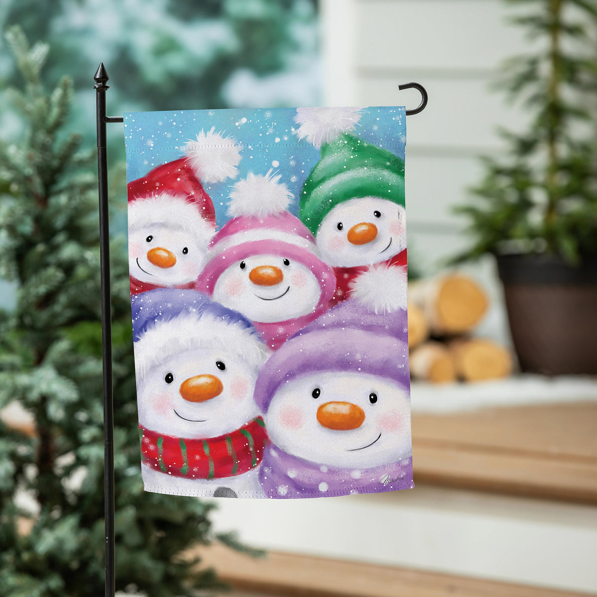 Evergreen Snowman Family Suede Garden Flag