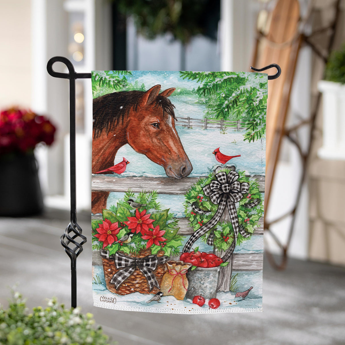 Evergreen Horse & Cardinal Suede Garden Flag