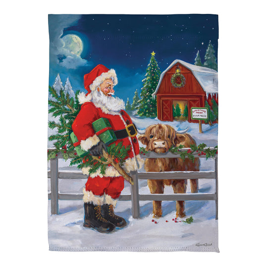 Evergreen Santa & Highland Cow Suede Garden Flag