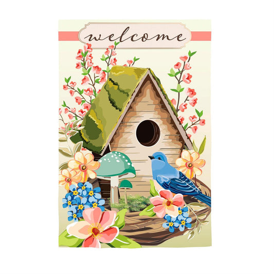 Evergreen Spring Birdhouse Applique House Flag