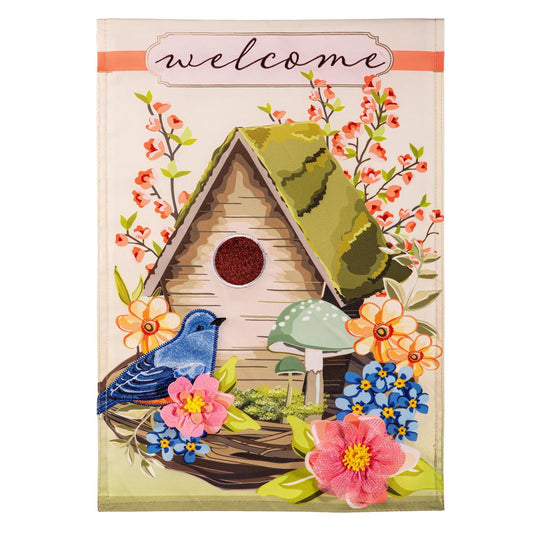 Evergreen Spring Birdhouse Applique Garden Flag