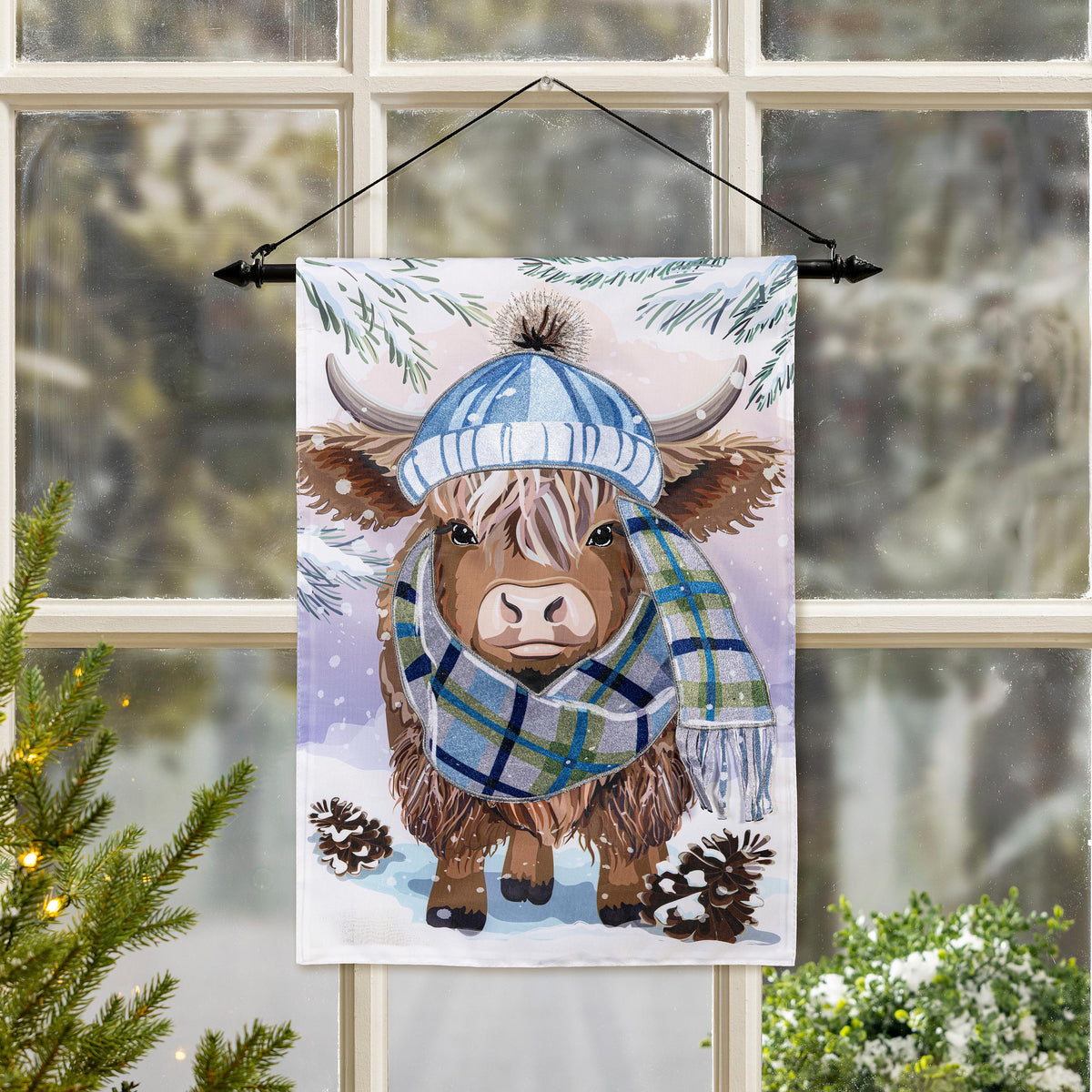 Evergreen Winter Highland Cow Applique Garden Flag