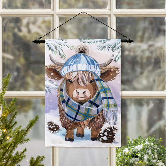 Evergreen Winter Highland Cow Applique Garden Flag