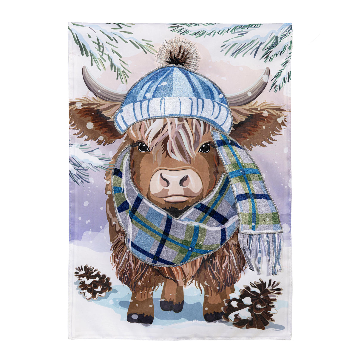 Evergreen Winter Highland Cow Applique Garden Flag
