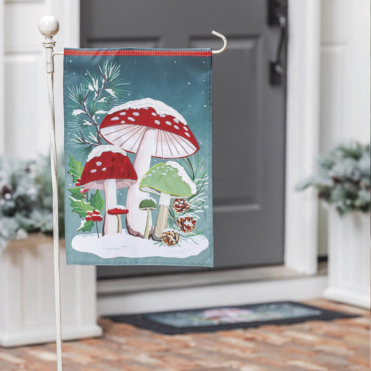 Evergreen Woodland Winter Mushroom Applique Garden Flag
