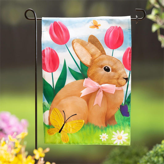 Evergreen Tulips and Bunny Friend Applique Garden Flag