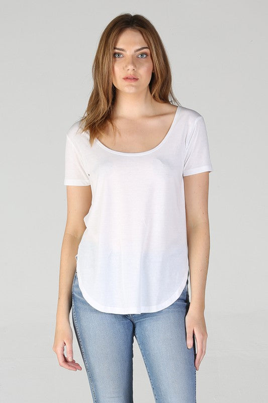 Angie Scoop Neck Curved Hem Tee White