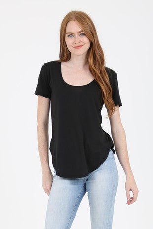 Angie Scoop Neck Curved Hem Tee Black