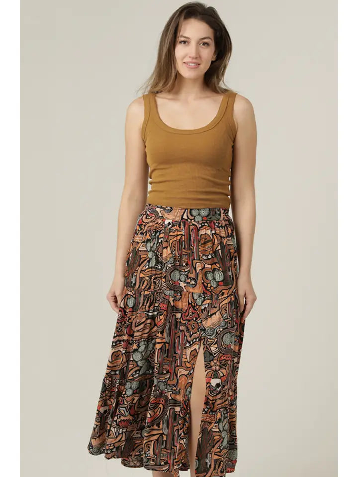 Angie Side Slit Cactus Print Midi Skirt
