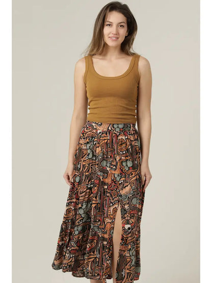 Angie Side Slit Cactus Print Midi Skirt