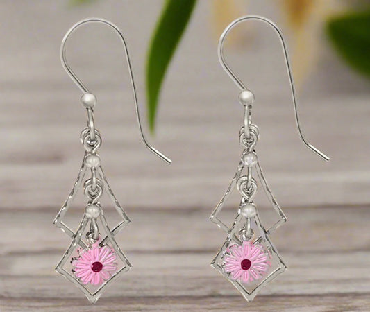 Silver Forest Earring Open Silver Dangle Pink Flower