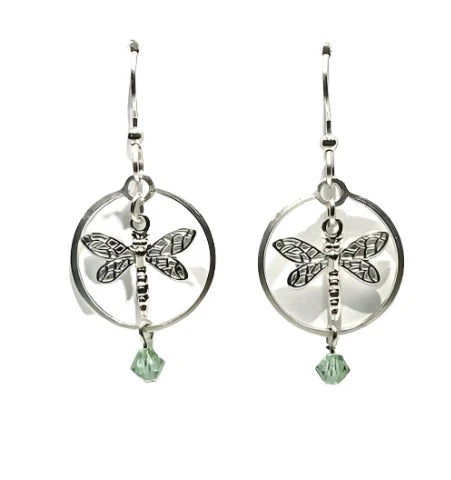 Silver Forest Earring Dragonfly Green Bead