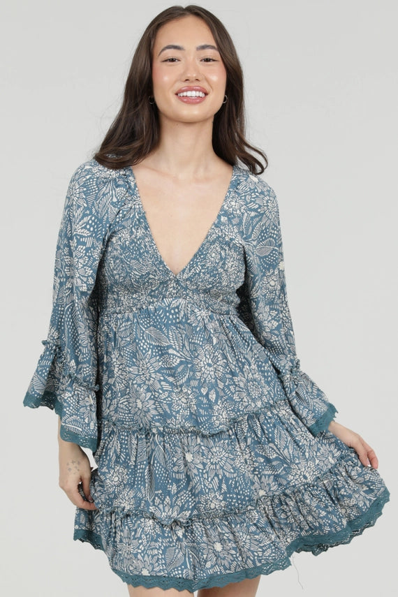 Angie V-Neck Smocked Bust Flare Bell Sleeve Dress Blue
