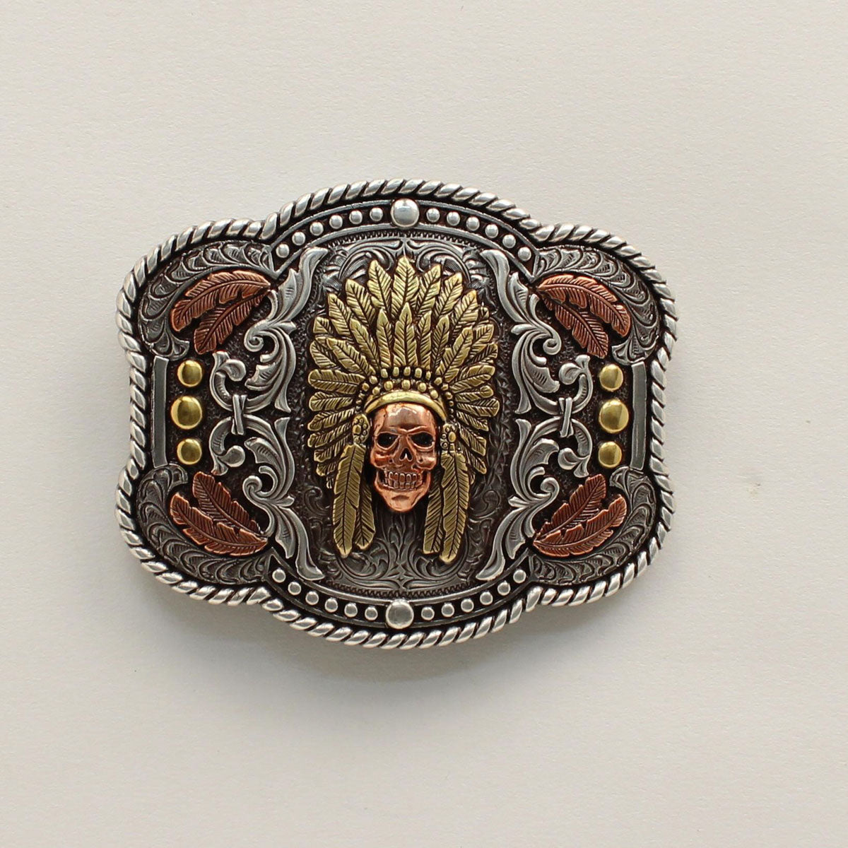 Nocona Chief Skull/Feathers Belt Buckle